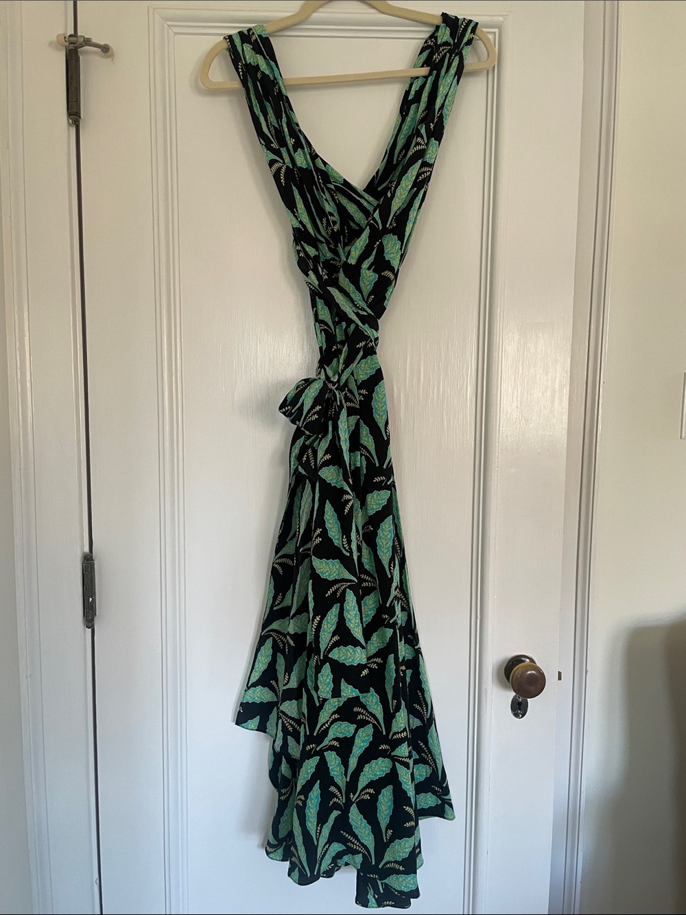 DVF Black & Green Leaf Print Wrap Dress